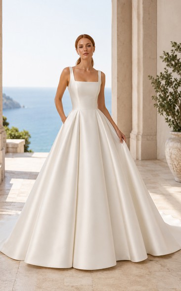 Square Neck Satin Ball Gown Wedding Dress with Court Train