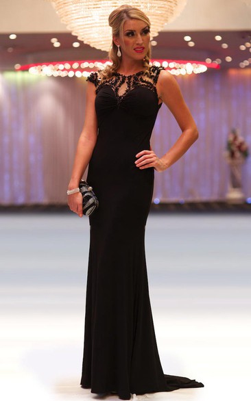 Sheath Scoop-Neck Beaded Cap-Sleeve Long Chiffon Prom Dress With Pleats