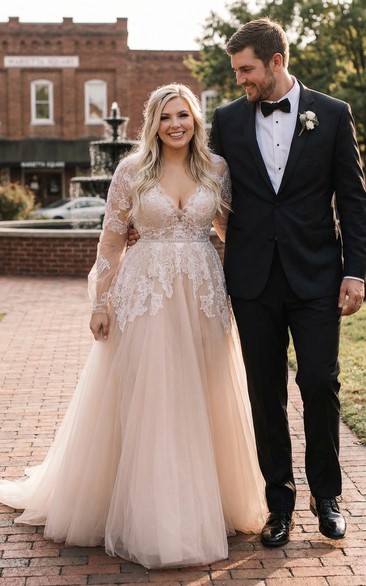 Long Sleeve Lace A-Line Floor-Length Gown