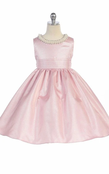 Tea-Length Pleated Sleeveless Flower Girl Dress