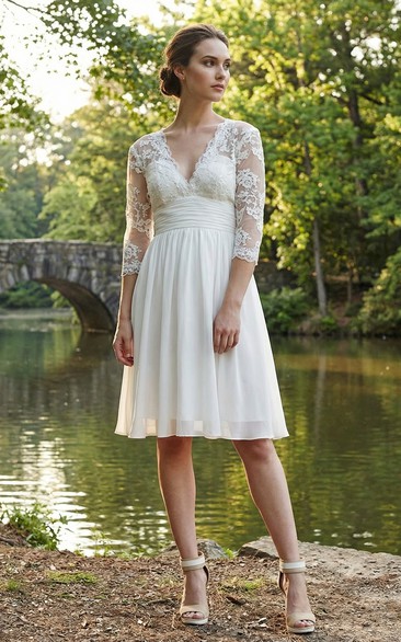 3/4 Sleeve V-Neck Lace Knee-Length Gown