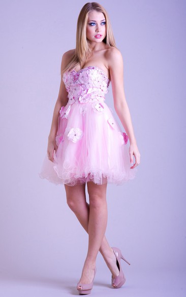 A Line Sleeveless Sweetheart Floral Short Mini Tulle Prom Dress With Beading And Ruffles
