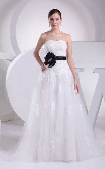 Strapless Tulle A-Line Appliqued Dress With Beading and Floral Waist