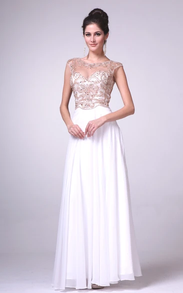 A-Line Ankle-Length Scoop-Neck Cap-Sleeve Illusion Dress With Beading