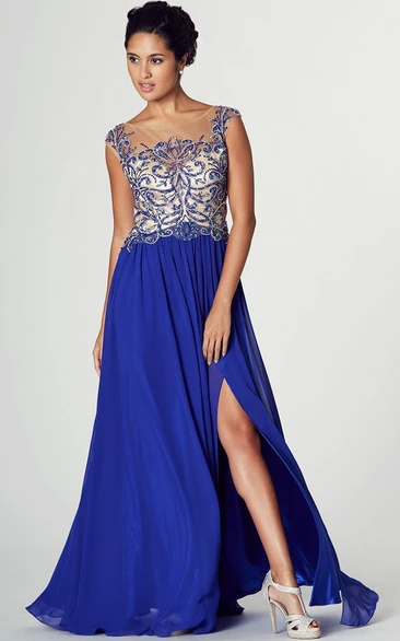 A-Line Bateau Cap-Sleeve Beaded Floor-Length Chiffon Prom Dress With Keyhole Back And Split Front