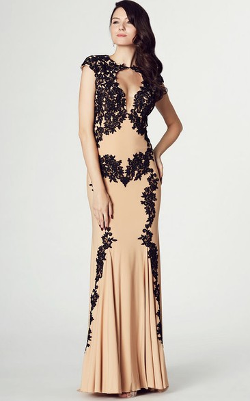 Sheath High Neck Cap Sleeve Appliqued Chiffon Prom Dress
