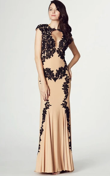 Sheath High Neck Cap Sleeve Appliqued Chiffon Prom Dress