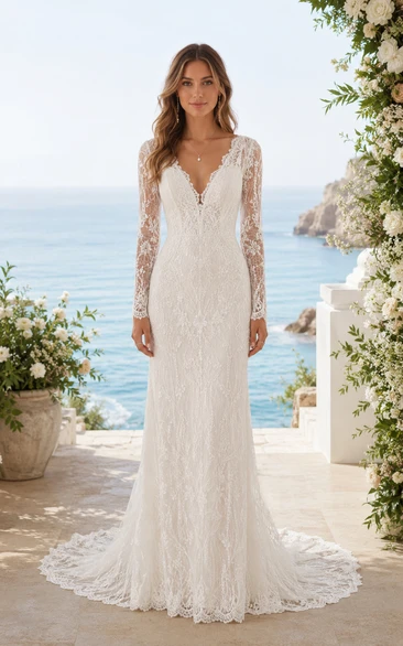 Boho Mermaid Lace Wedding Dress with Long Illusion Sleeves and Low V Back Train