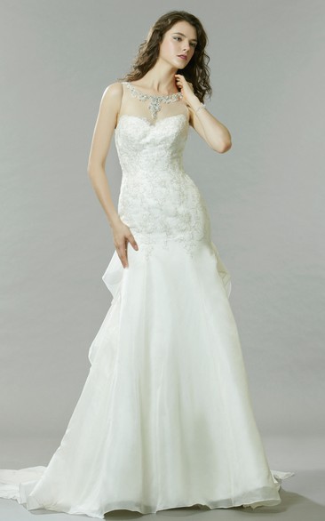 Trumpet Sleeveless Beaded Scoop Long Wedding Dress With Ruffles And Appliques