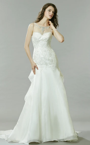 Trumpet Sleeveless Beaded Scoop Long Wedding Dress With Ruffles And Appliques