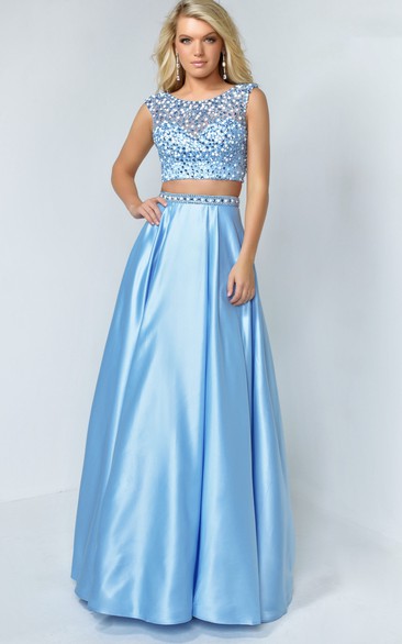 A-Line Scoop-Neck Sleeveless Satin Low-V Back Dress With Sequins