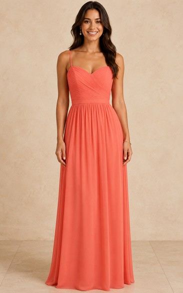 Coral Spaghetti Sweetheart A-Line Chiffon Bridesmaid Dress