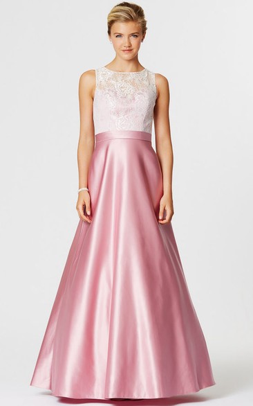 A-Line Lace Sleeveless Scoop Neck Satin Bridesmaid Dress With Illusion Back