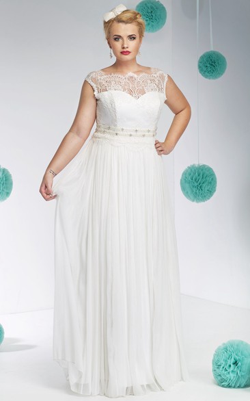 Bateau-Neck Long Jeweled Tulle&Lace Plus Size Wedding Dress