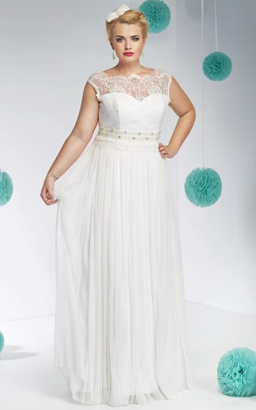 Bateau-Neck Long Jeweled Tulle&Lace Plus Size Wedding Dress