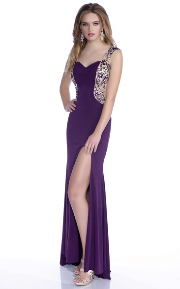 Column V-Neck Jersey Prom Dress With Keyhole Back And Rhinestones Appliques