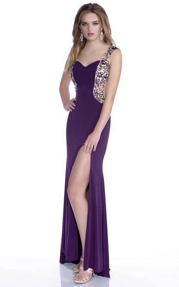 Column V-Neck Jersey Prom Dress With Keyhole Back And Rhinestones Appliques