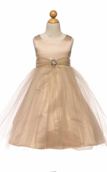 Tea-Length Beaded Tulle&Satin Flower Girl Dress With Broach