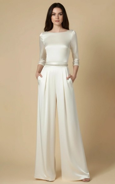 Ivory Long Sleeve Boat Neck Shiny Waist High Waist Wide Leg Wedding Jumpsuit