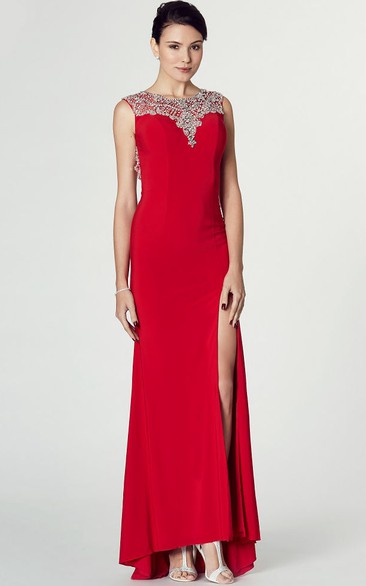 Sleeveless Split-Front Bateau Neck Jersey Prom Dress