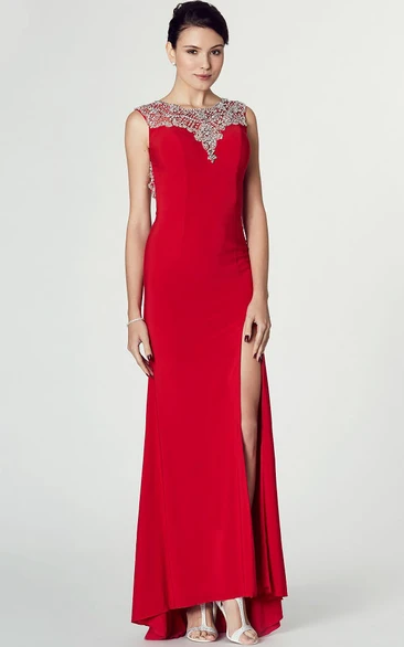 Sleeveless Split-Front Bateau Neck Jersey Prom Dress