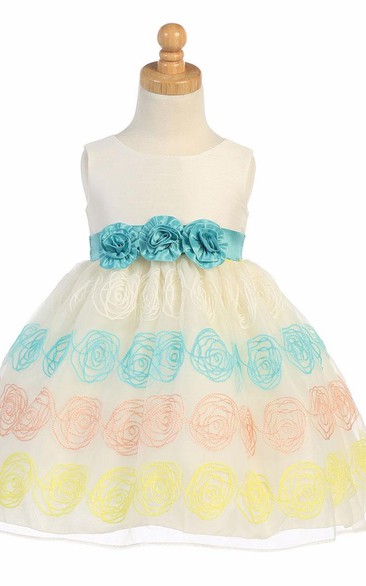 Floral Tea-Length Tiered Organza&Satin Flower Girl Dress With Embroidery