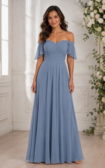 Steel Blue Off-the-Shoulder A-Line Chiffon Bridesmaid Dress