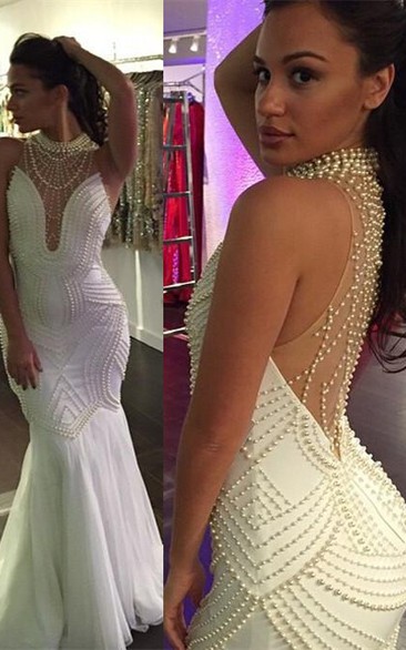 Beautiful Sleeveless Pearls Mermaid Prom Dresses Floor Length