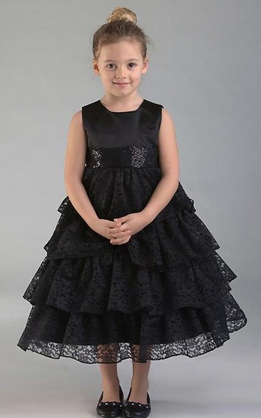 Tea-Length Lace&Sequins Flower Girl Dress