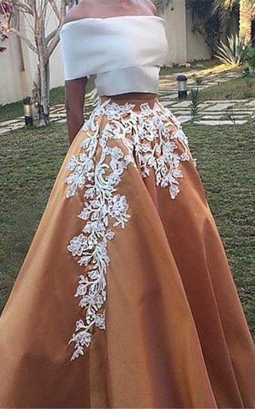 A-Line Off-the-Shoulder Cap Sleeves Appliques Long Prom Dress