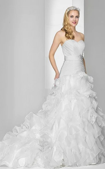 A-Line Jeweled Sweetheart Floor-Length Organza Wedding Dress With Criss Cross And Brush Train
