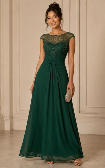 A-Line Lace Mother of the Bride Dress with Bateau, Short Sleeve and Lace Pleats, Floor Length