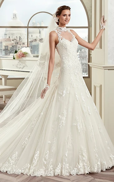 High-Neck Sheath Lace Bridal Gown With Illusive Design And Open Back