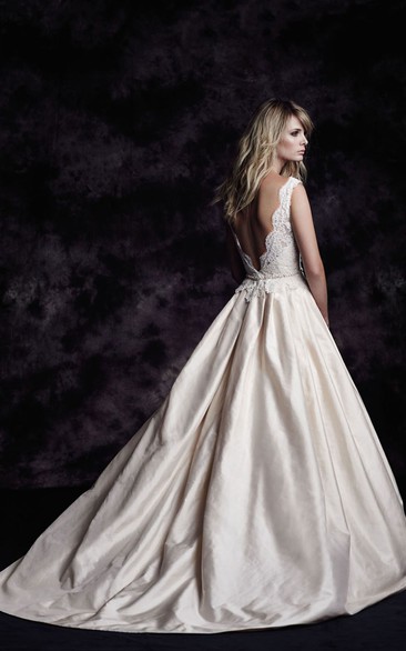 Modern V-Neck Taffeta Ball Bridal Gown With Deep-V Back