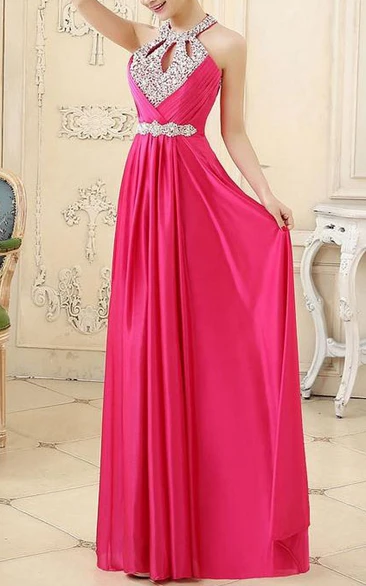 Halter Beaded Ruches Floor-Length Prom Dress