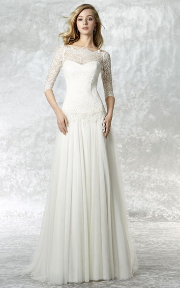 Sheath Bateau Neck 3-4 Sleeve Lace Tulle Wedding Dress With Brush Train