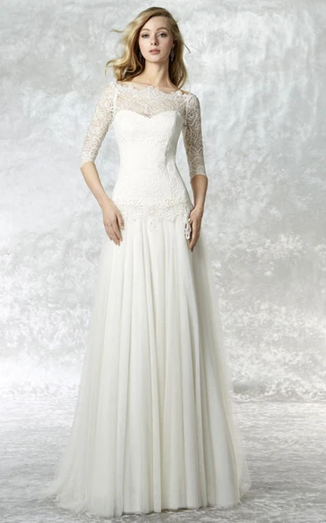 Sheath Bateau Neck 3-4 Sleeve Lace Tulle Wedding Dress With Brush Train