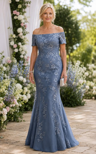 Steel Blue Off-the-Shoulder Mermaid Lace Mother Dress
