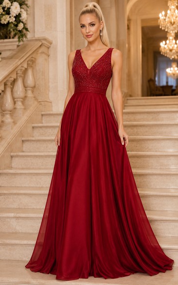 Red V-Neck A-Line Prom Dress with Lace Bodice and Flowing Chiffon Skirt