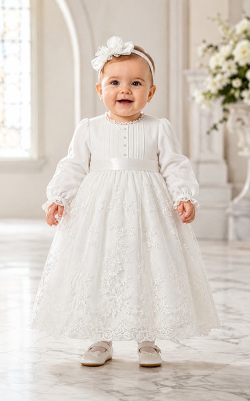 Baby Christening Gown Modest A-Line Long Sleeve Tulle Lace Floor-Length with Bow Sash in White