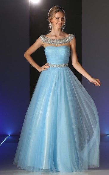 A-Line Long Scoop-Neck Cap-Sleeve Tulle Illusion Dress With Beading And Ruching