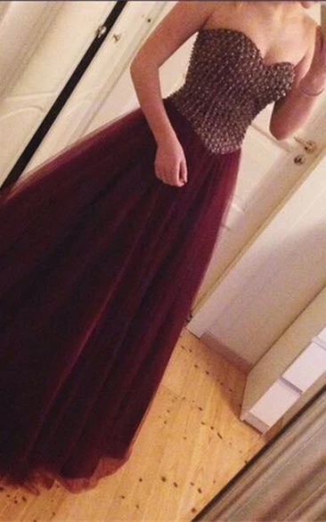 Elegant Beadings Tulle Princess Evening Dress Sweep Train Sleeveless