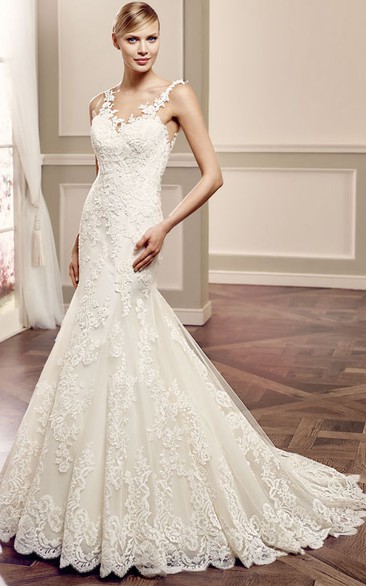 Scoop Long Appliqued Lace Wedding Dress With Court Train And Illusion