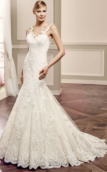 Scoop Long Appliqued Lace Wedding Dress With Court Train And Illusion