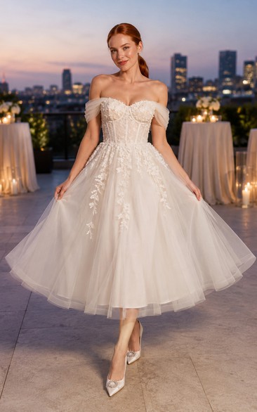 Off-the-Shoulder Lace Tea-Length Wedding Dress with Tulle Skirt