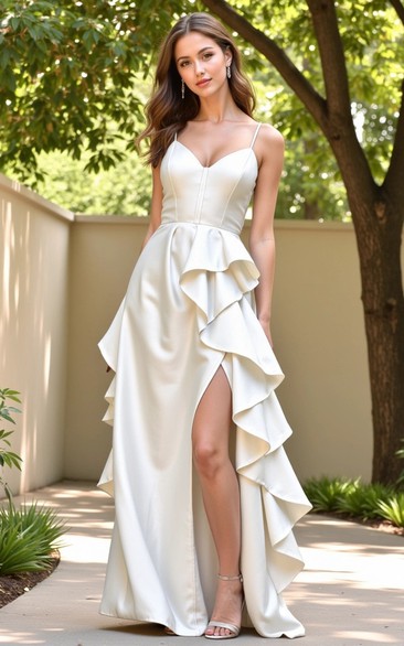 Satin Spaghetti Front Split Draped Dress