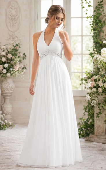 White Halter V-Neck Chiffon Beach Wedding Dress