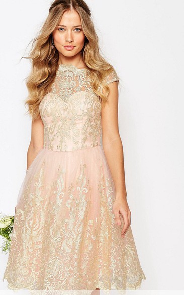 A-Line Midi Cap-Sleeve Appliqued Bateau-Neck Lace Bridesmaid Dress