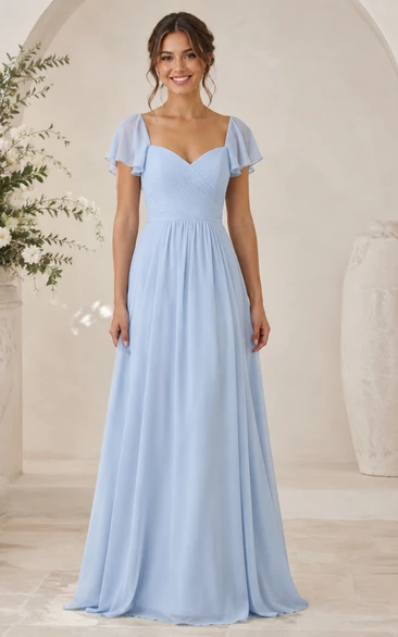 Sky Blue Square Neck Short Sleeve A-Line Chiffon Bridesmaid Dress