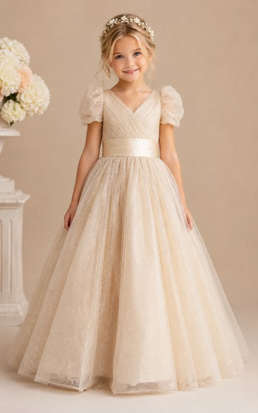 A-line Floor Length Puff Sleeve Tulle Flower Girl Dress with Champagne V-neck puff sleeves and full tulle skirt